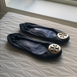 Black Leather Tory Burch Minnie Flats